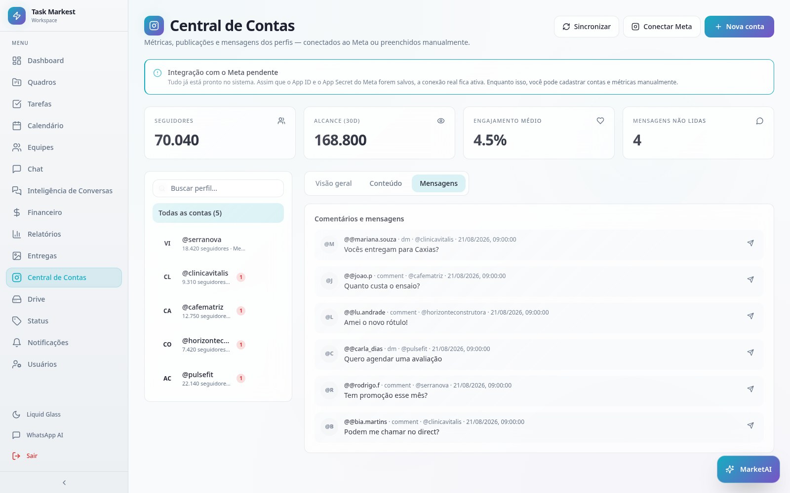 Caixa de entrada de comentários e DMs do Meta